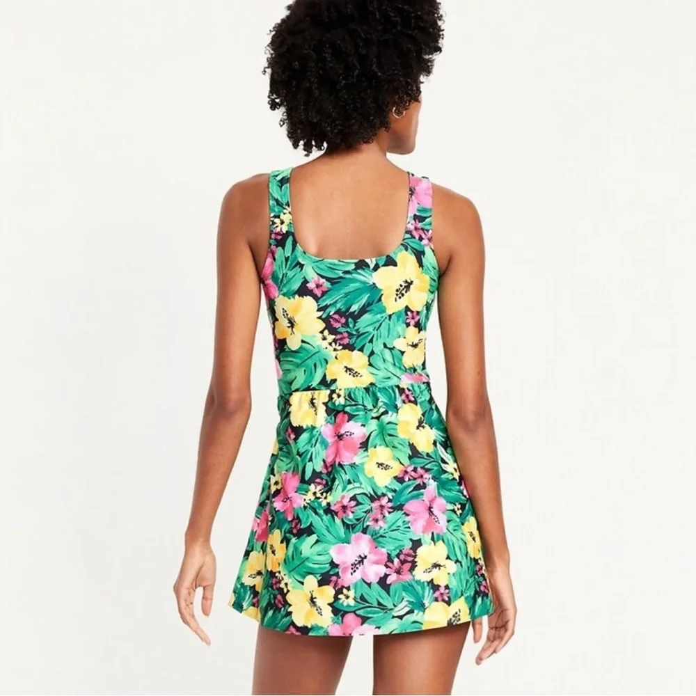 Old Navy Tropical Floral One-Piece Swim Dress in Green, Pink & Yellow